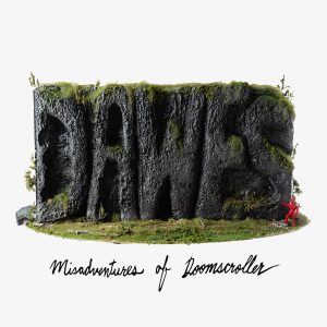 Dawes Misadventure of Doomscroller cover, featuring the band's name as a rockface with grass above and beloe