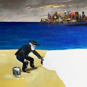 Beth Nielsen Chapman album cover, a painting of a man painting the ground in the foreground of a cityscape